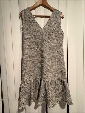 Rebecca Taylor Gray Tweed V-Neck Ruffle-Hem Dress